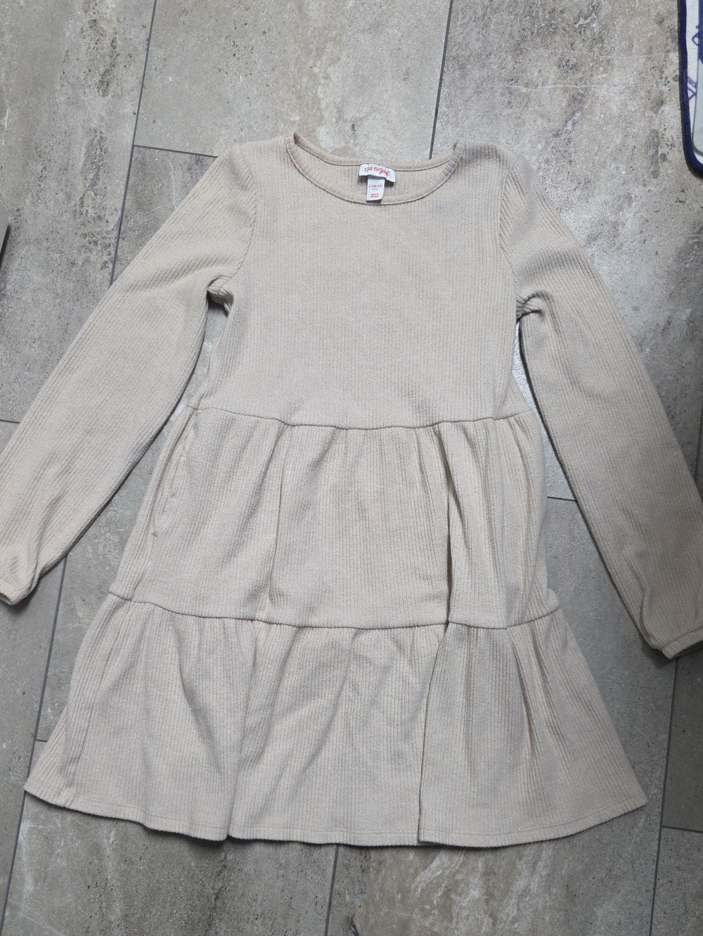 - Cat & Jack Cream Ribbed Long-Sleeve Tiered Dress for Girls